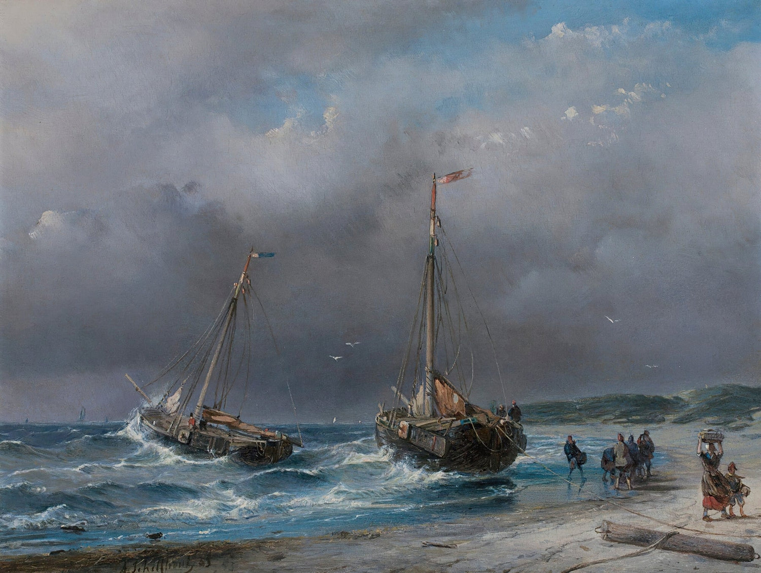 Hand-painted stormy seashore with fishing boats landscape oil painting on canvas