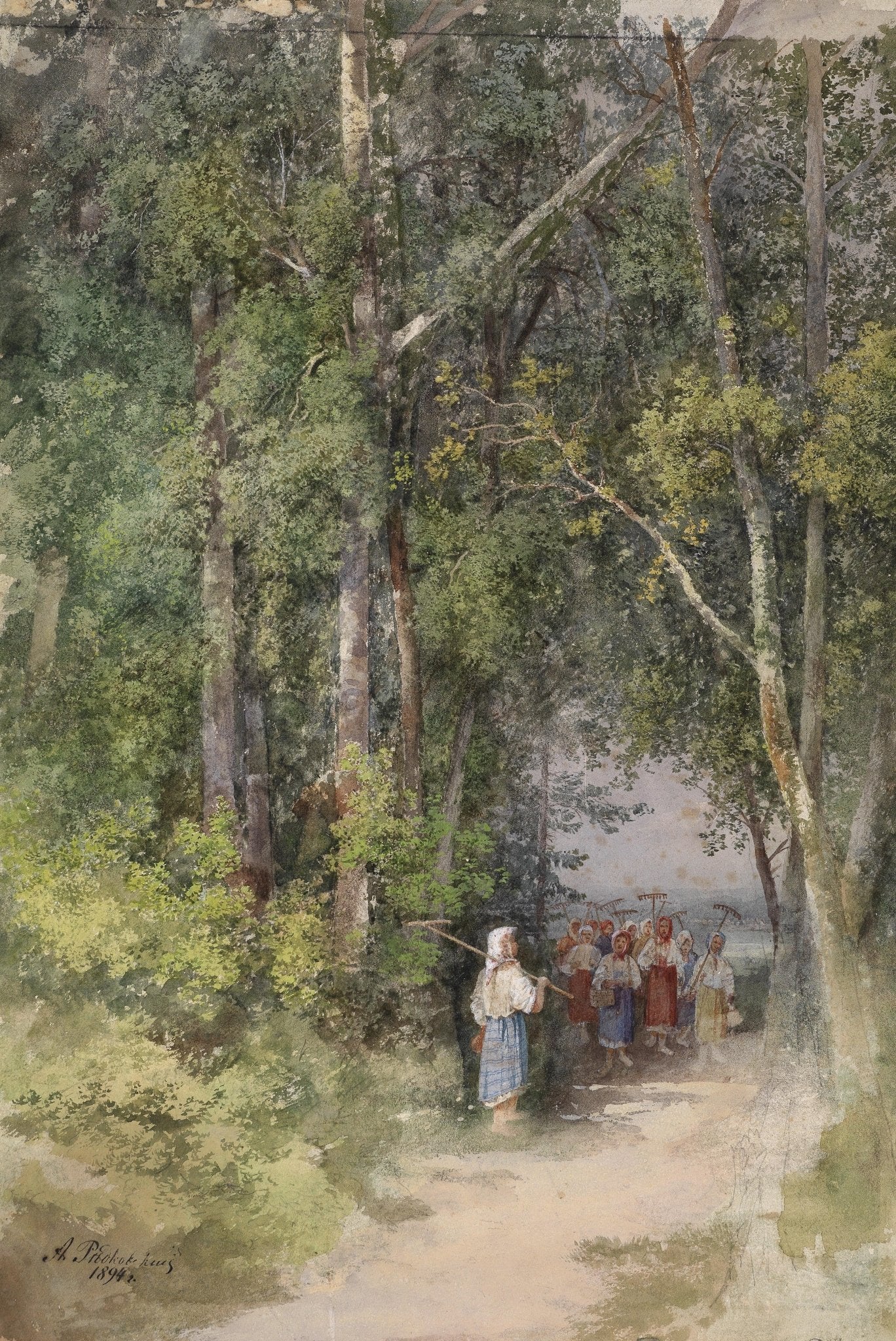 Landscape Oil Painting - Summer Forest Path, Peasant Women with Farm Tools - Oil Painting Haven