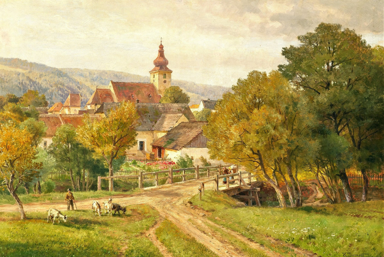 Hand-painted summer meadow and flower pickers landscape oil painting on canvas