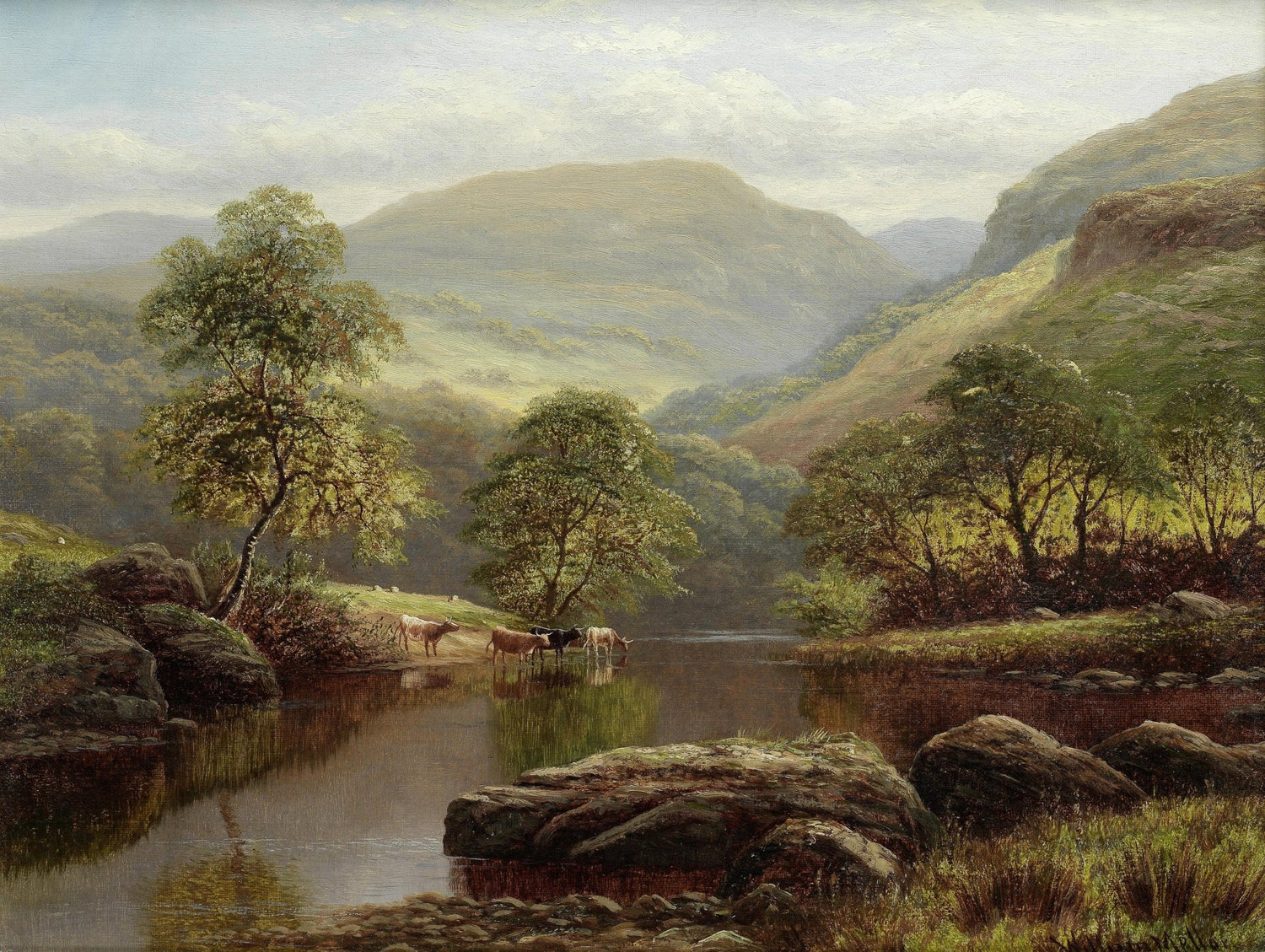 Landscape Oil Painting - Summer mountain valley river & cattle by shores - Oil Painting Haven