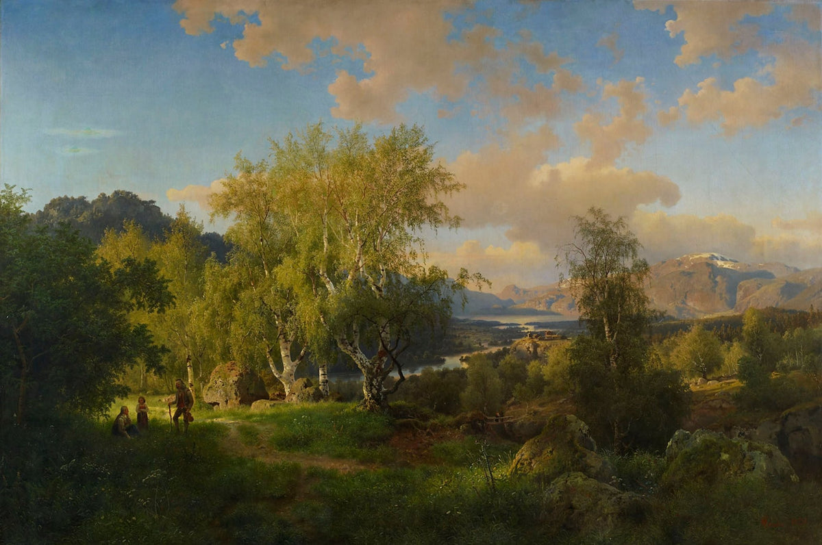 Hand-painted sunlit birch grove and mountain lake view landscape oil painting on canvas