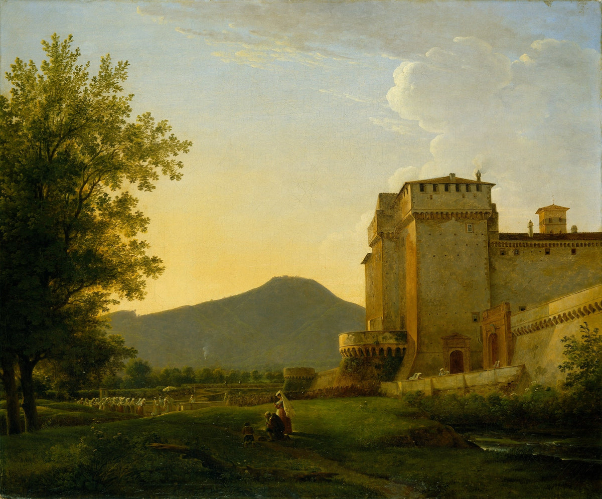 Hand-painted sunlit castle and figures in alban hills landscape oil painting on canvas