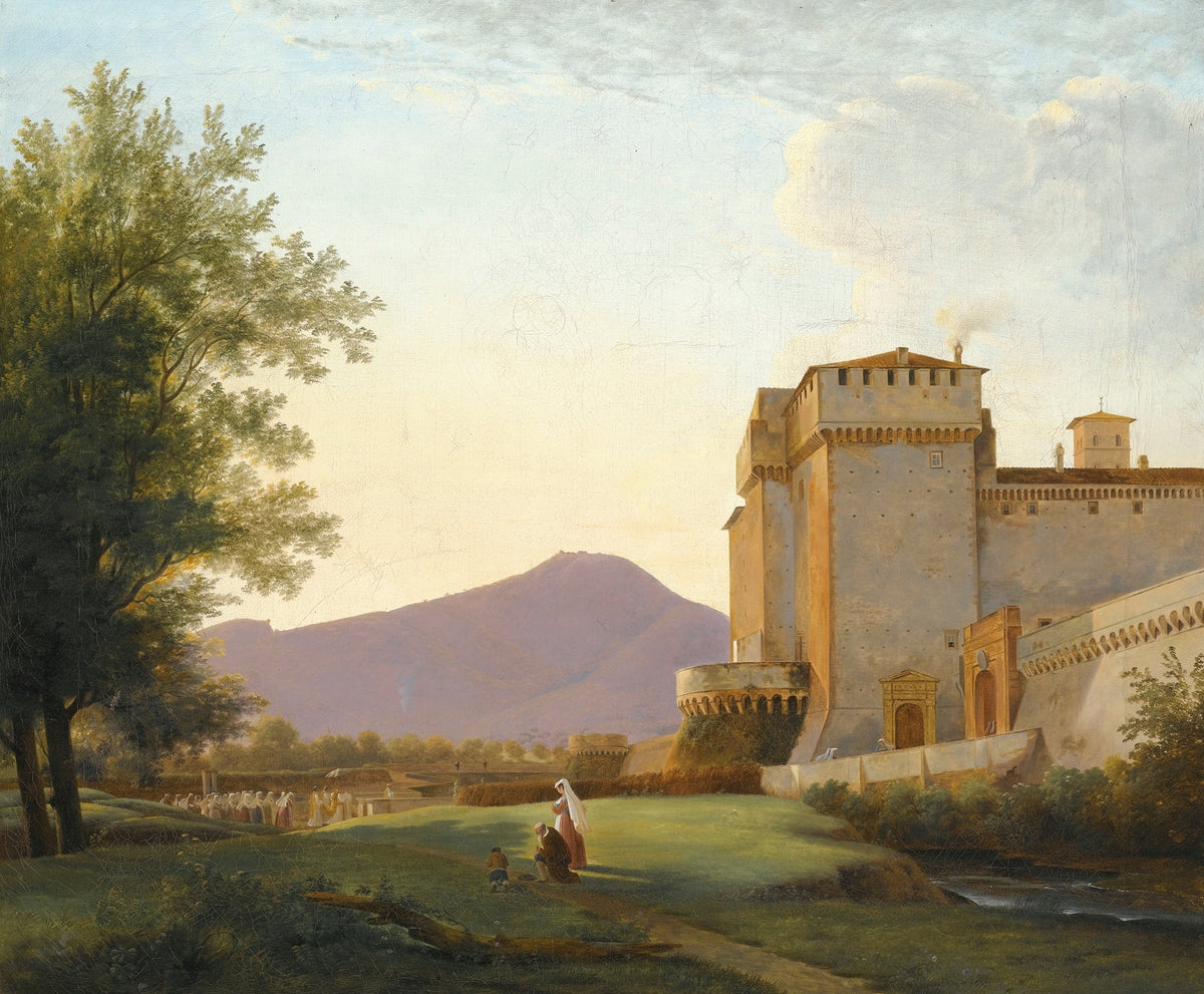 Hand-painted sunlit castle and mountain view landscape oil painting on canvas