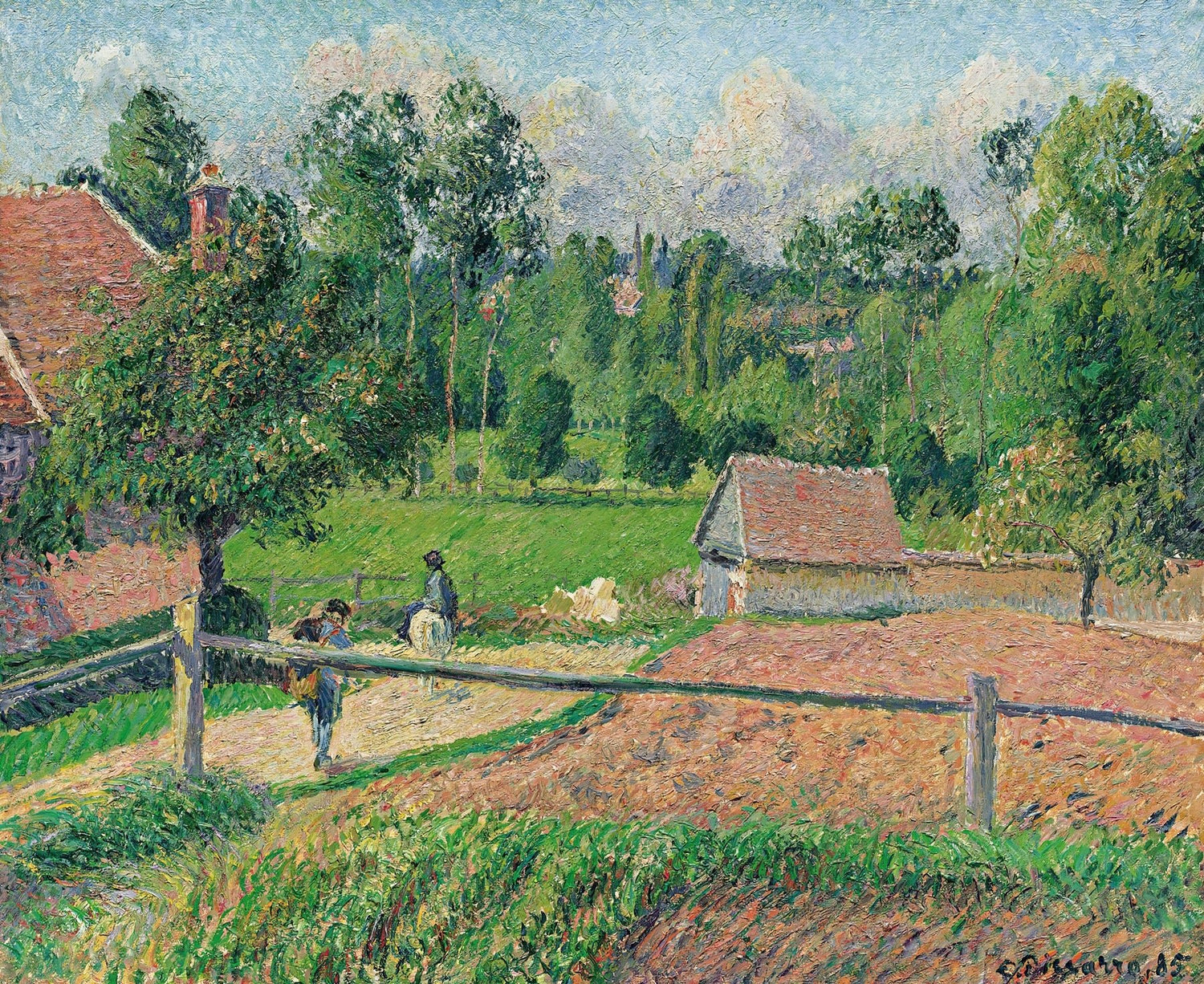 Hand-painted sunlit country farm path with figures landscape oil painting on canvas