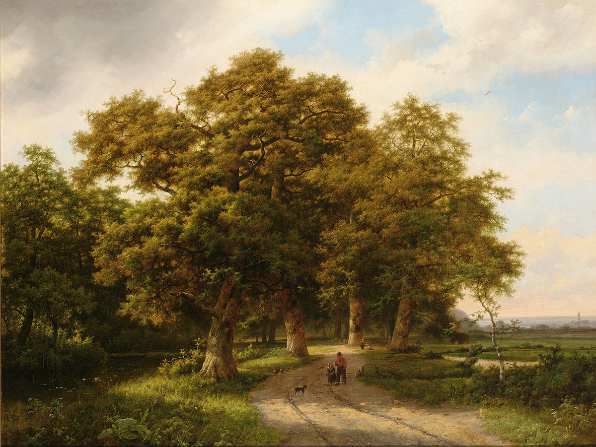Hand-painted sunlit country path beneath ancient oaks landscape oil painting on canvas