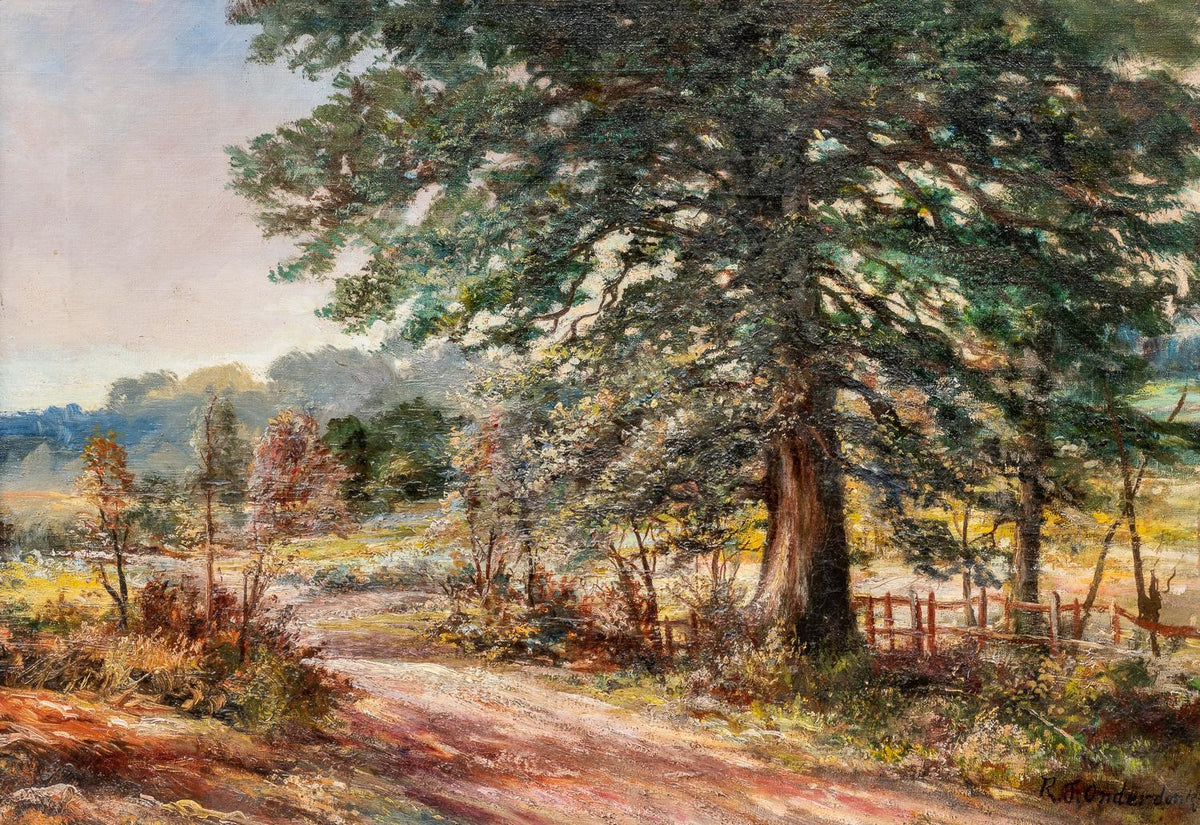 Hand-painted sunlit country road with evergreen tree landscape oil painting on canvas