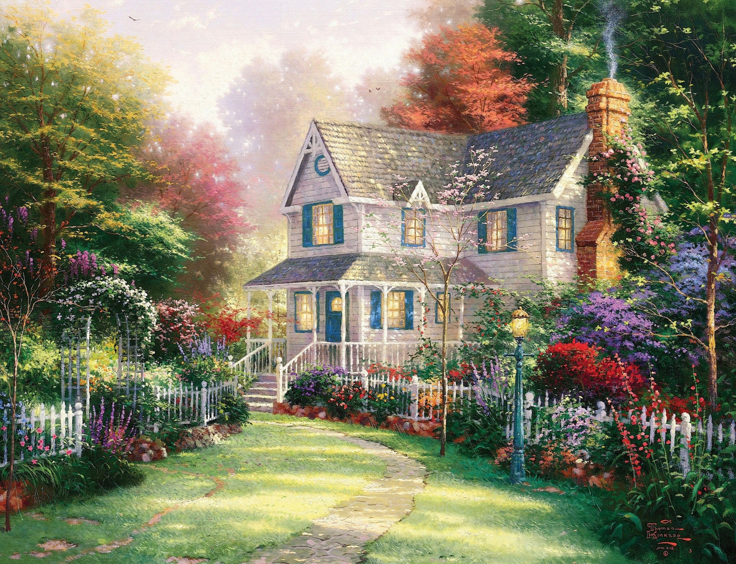 Landscape Oil Painting - Sunlit Cozy Cottage with Picket Fence Garden - Oil Painting Haven