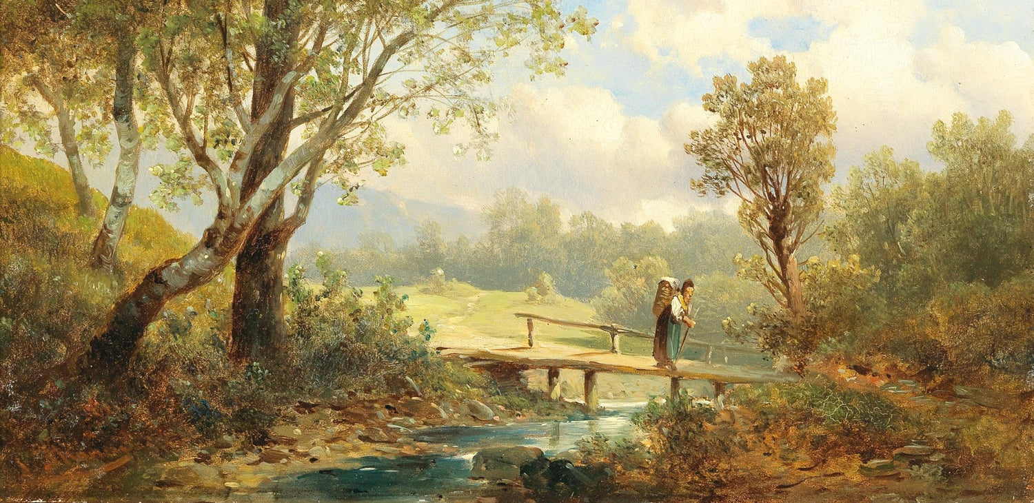 Hand-painted sunlit creek bridge in summer meadow landscape oil painting on canvas