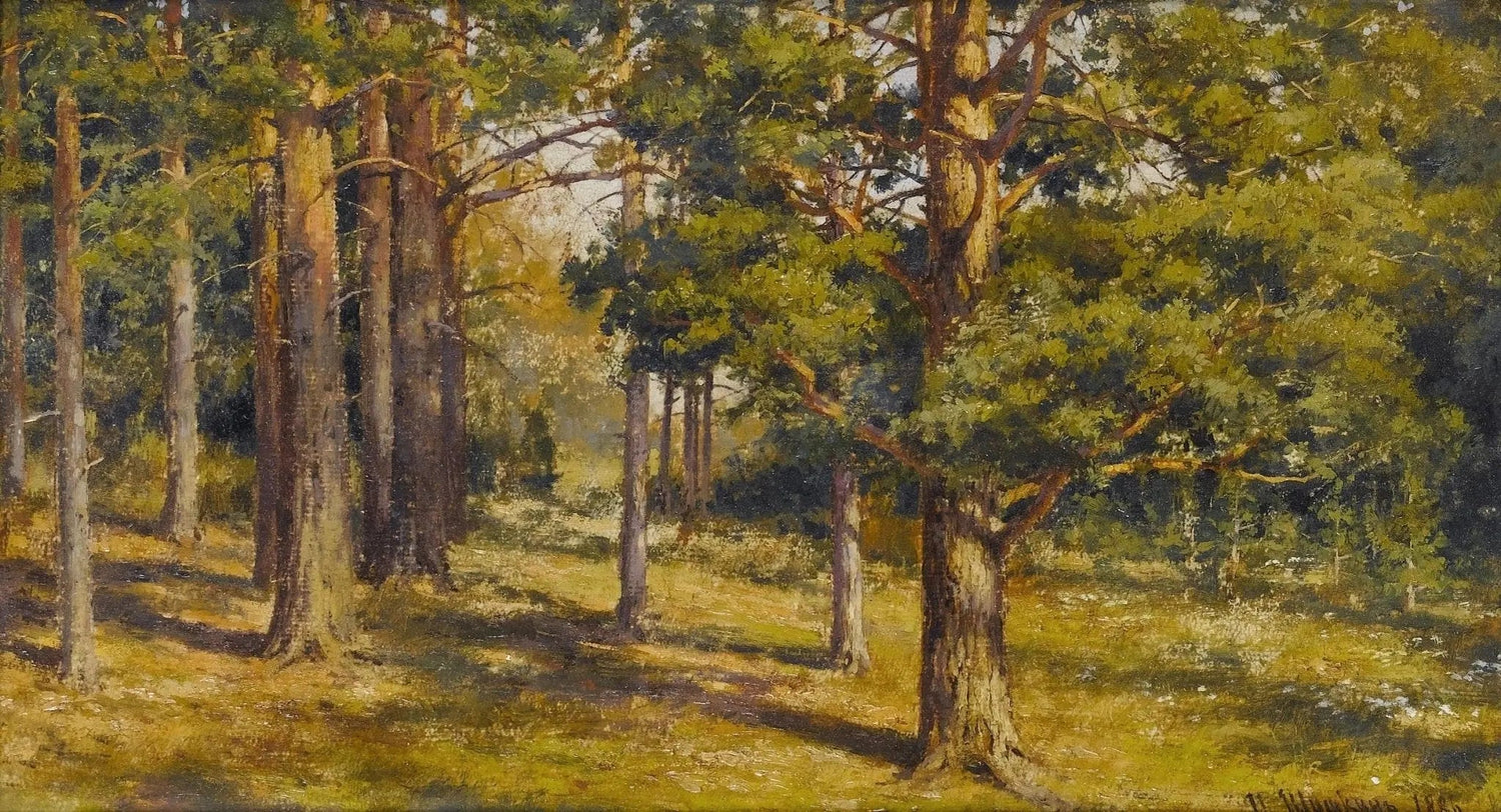 Hand painted landscape oil painting of sunlit forest interior with textured brushwork in warm greens and browns on canvas. - Add Frame, Canvas, Forest, Hand Painted, Landscape, Made To Order, Oil Painting