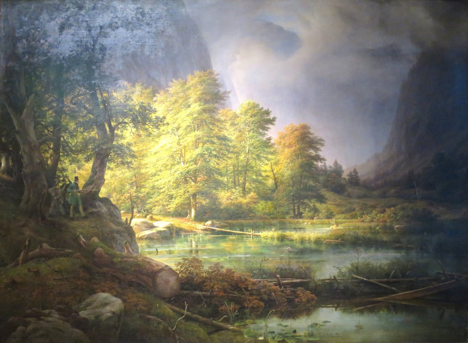 Hand-painted sunlit forest lake with hunter and mist landscape oil painting on canvas