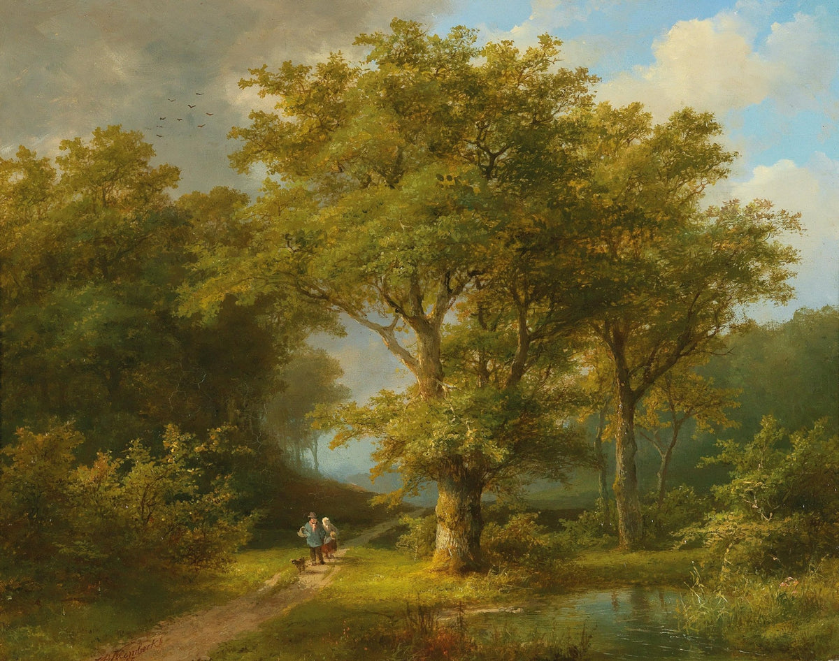 Hand-painted sunlit forest path by quiet pond landscape oil painting on canvas
