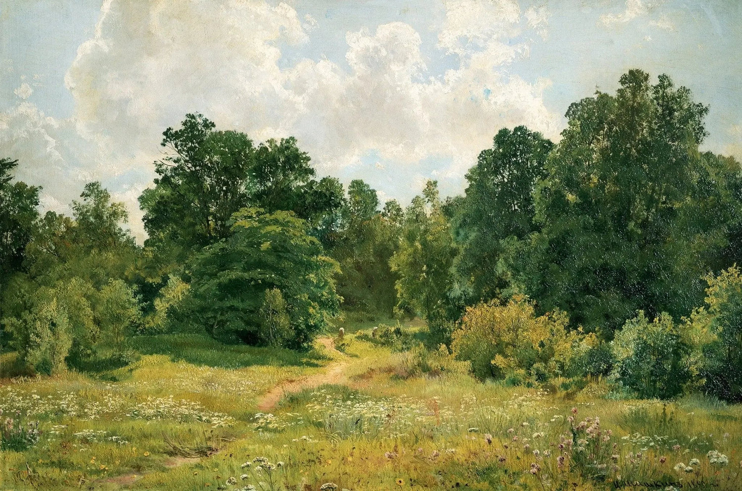 Landscape oil painting of a sunlit forest path with lush green trees and wildflowers, hand painted oil painting on canvas. - Add Frame, Canvas, Floral, Forest, Hand Painted, Landscape, Made To Order, Oil Painting, Road