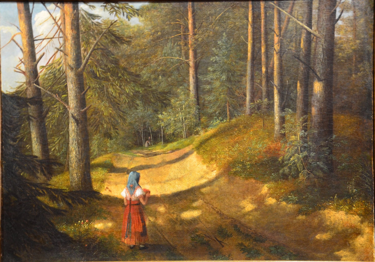 Hand-painted sunlit forest path with young girl landscape oil painting on canvas
