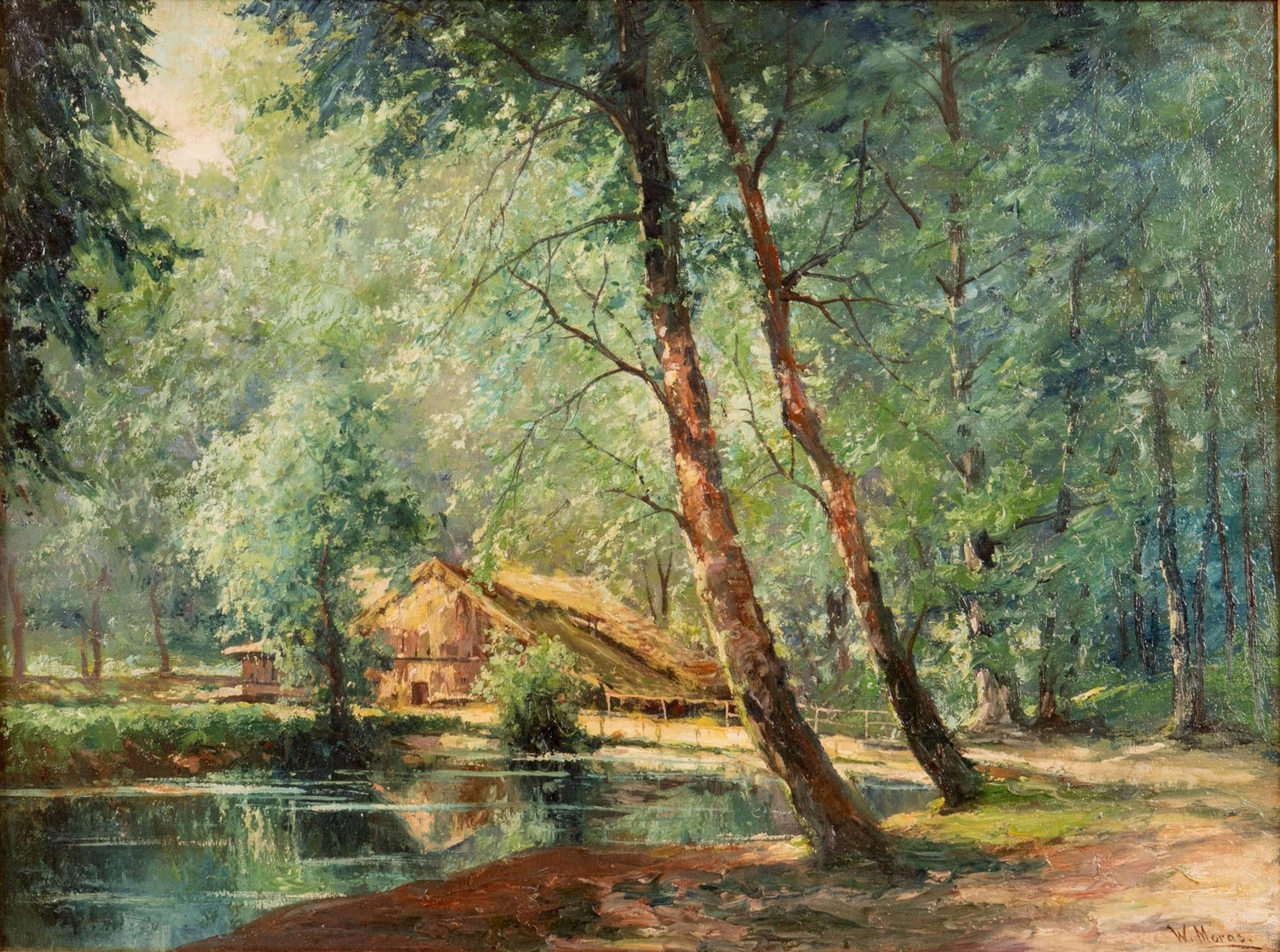 Hand-painted sunlit forest pond with rustic cottage landscape oil painting on canvas