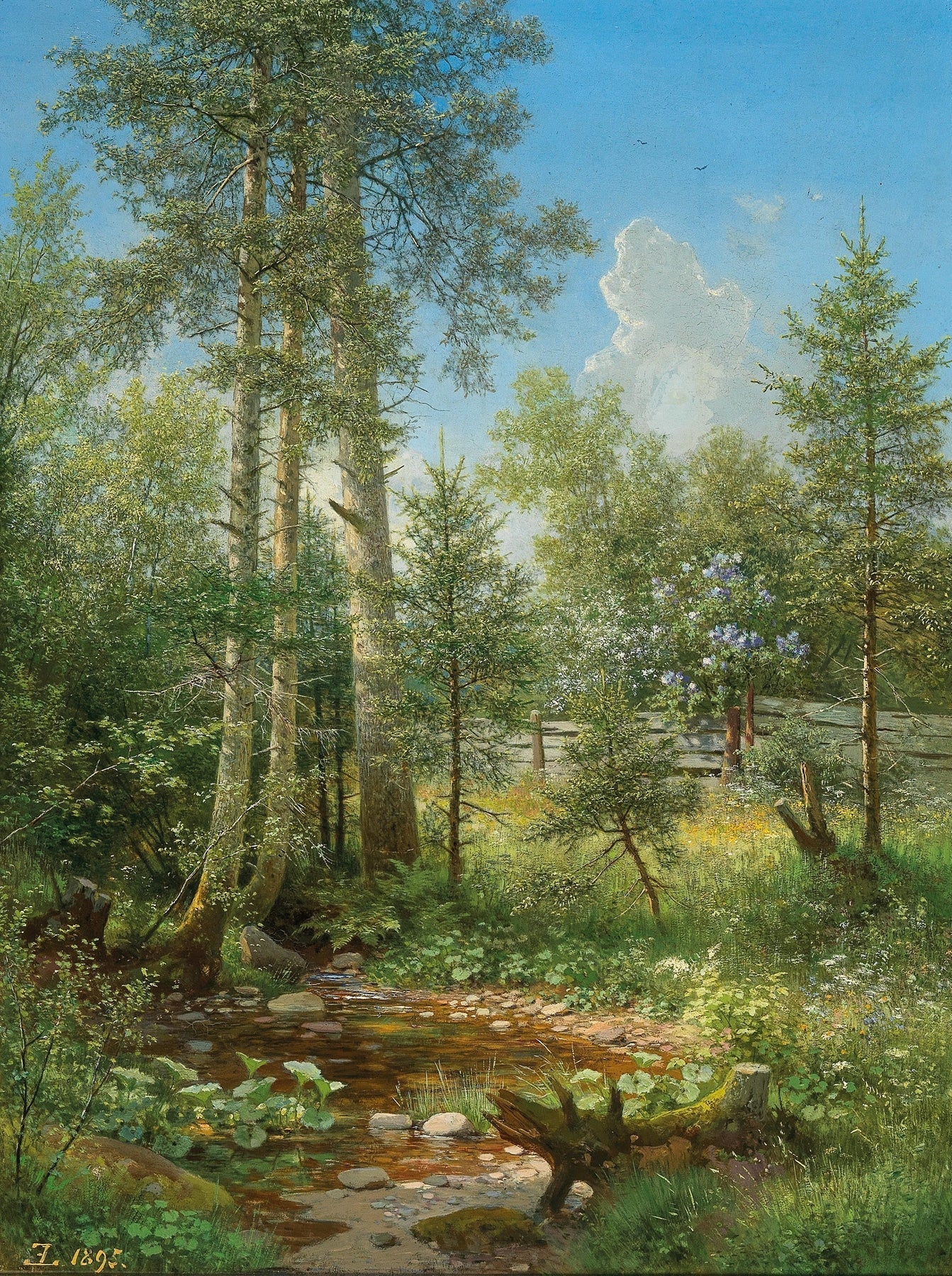 Hand-painted sunlit forest stream and wildflower glade landscape oil painting on canvas
