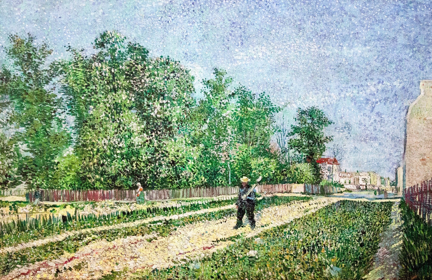 Hand-painted sunlit garden road with paris figures landscape oil painting on canvas