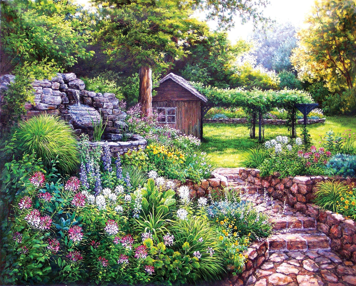 Landscape Oil Painting - Sunlit Garden & Small Wooden Cottage - Oil Painting Haven