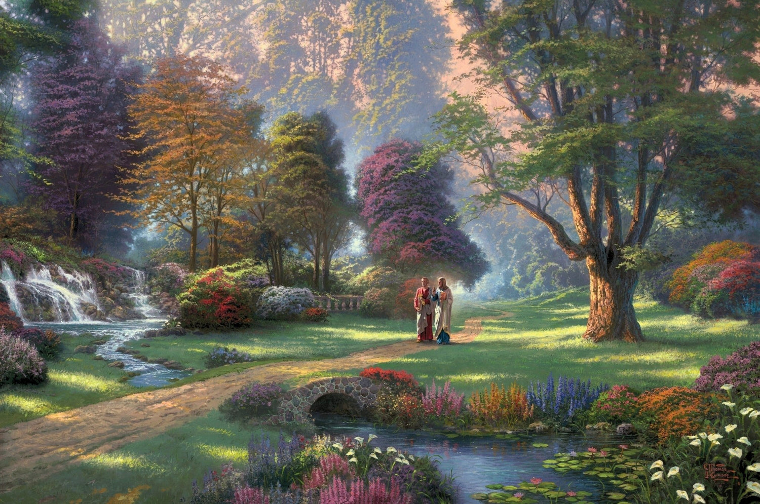 Landscape Oil Painting - Sunlit Garden With Waterfall & Robed Figures - Oil Painting Haven