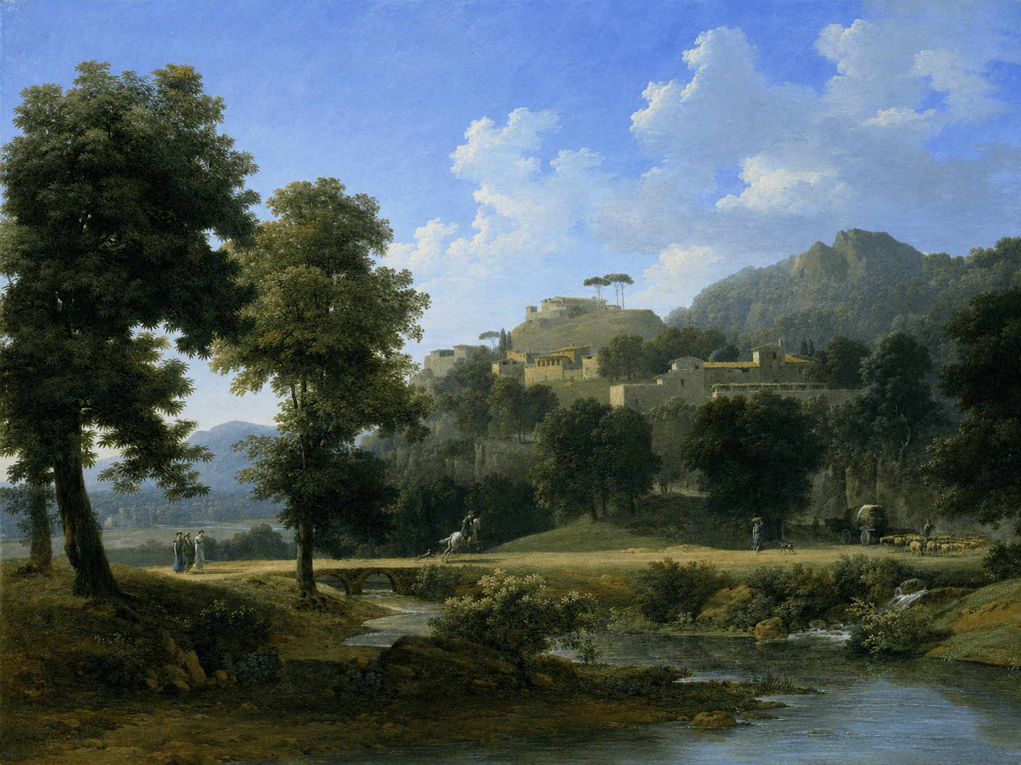 Hand-painted sunlit hill village and river view landscape oil painting on canvas