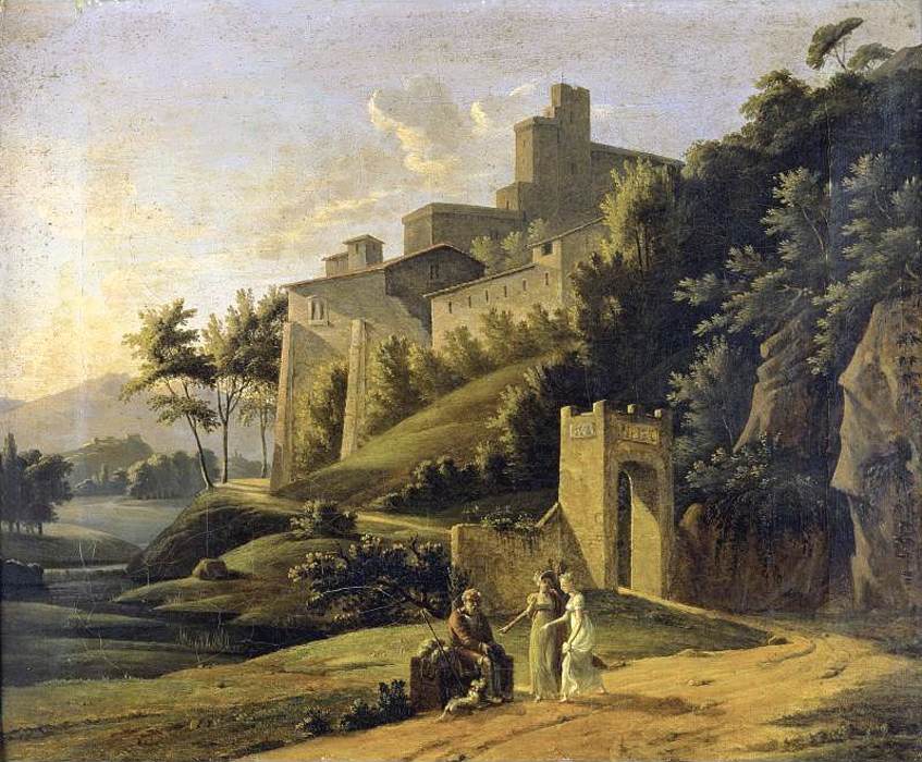 Hand-painted sunlit hilltop castle and figures landscape oil painting on canvas