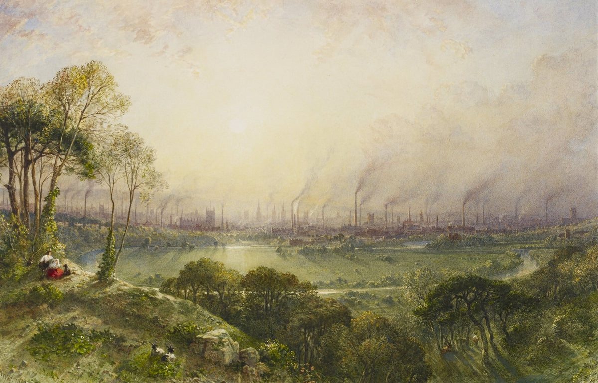 Hand-painted sunlit industrial city from hillside landscape oil painting on canvas