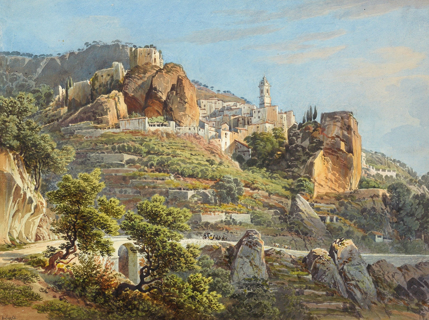Hand-painted sunlit italian hill town and castle view landscape oil painting on canvas