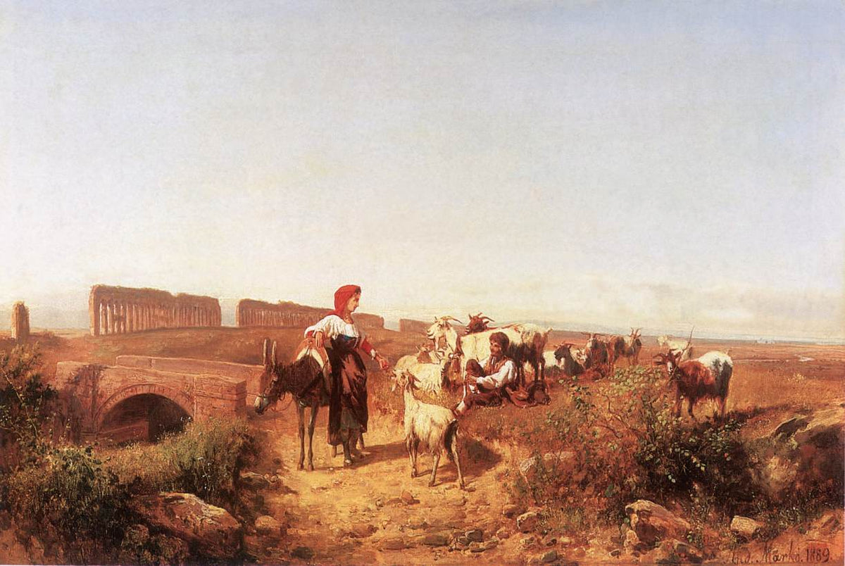 Hand-painted sunlit italian landscape with goats oil painting on canvas