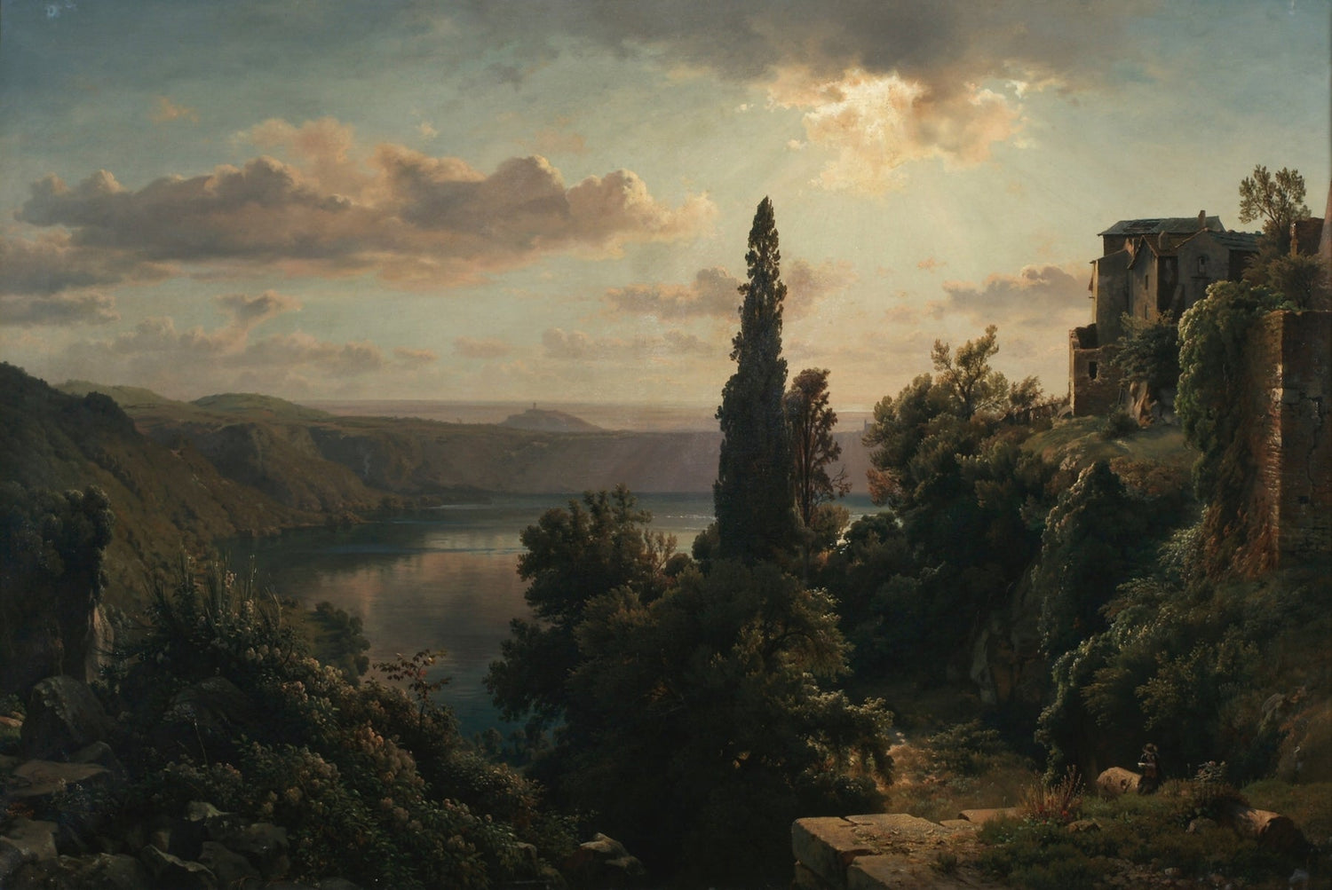Hand-painted sunlit lake, cypress and hillside villa landscape oil painting on canvas