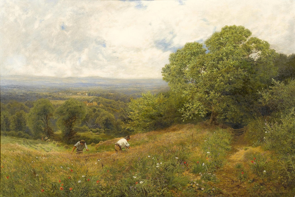 Hand-painted sunlit meadow harvest with country view landscape oil painting on canvas