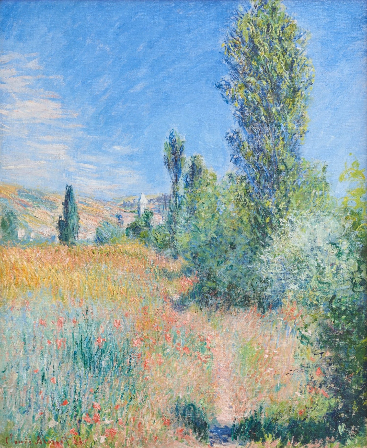 Hand-painted sunlit meadow with wildflowers and trees landscape oil painting on canvas