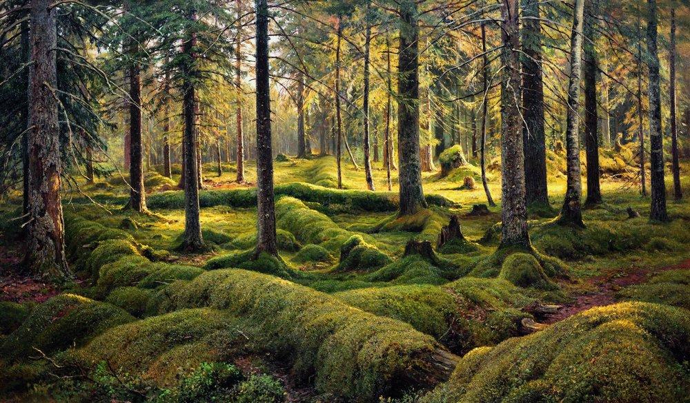 Hand-painted sunlit mossy forest interior landscape oil painting on canvas