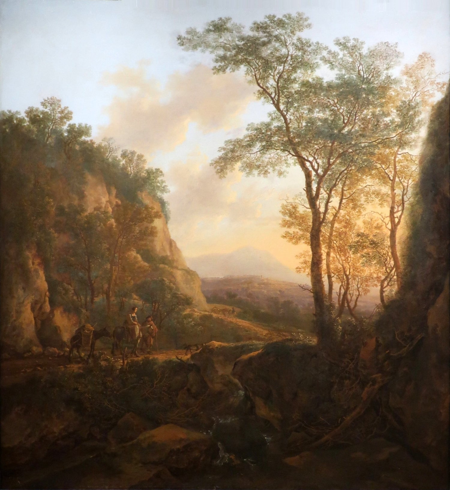 Hand-painted sunlit mountain pass with travelers landscape oil painting on canvas