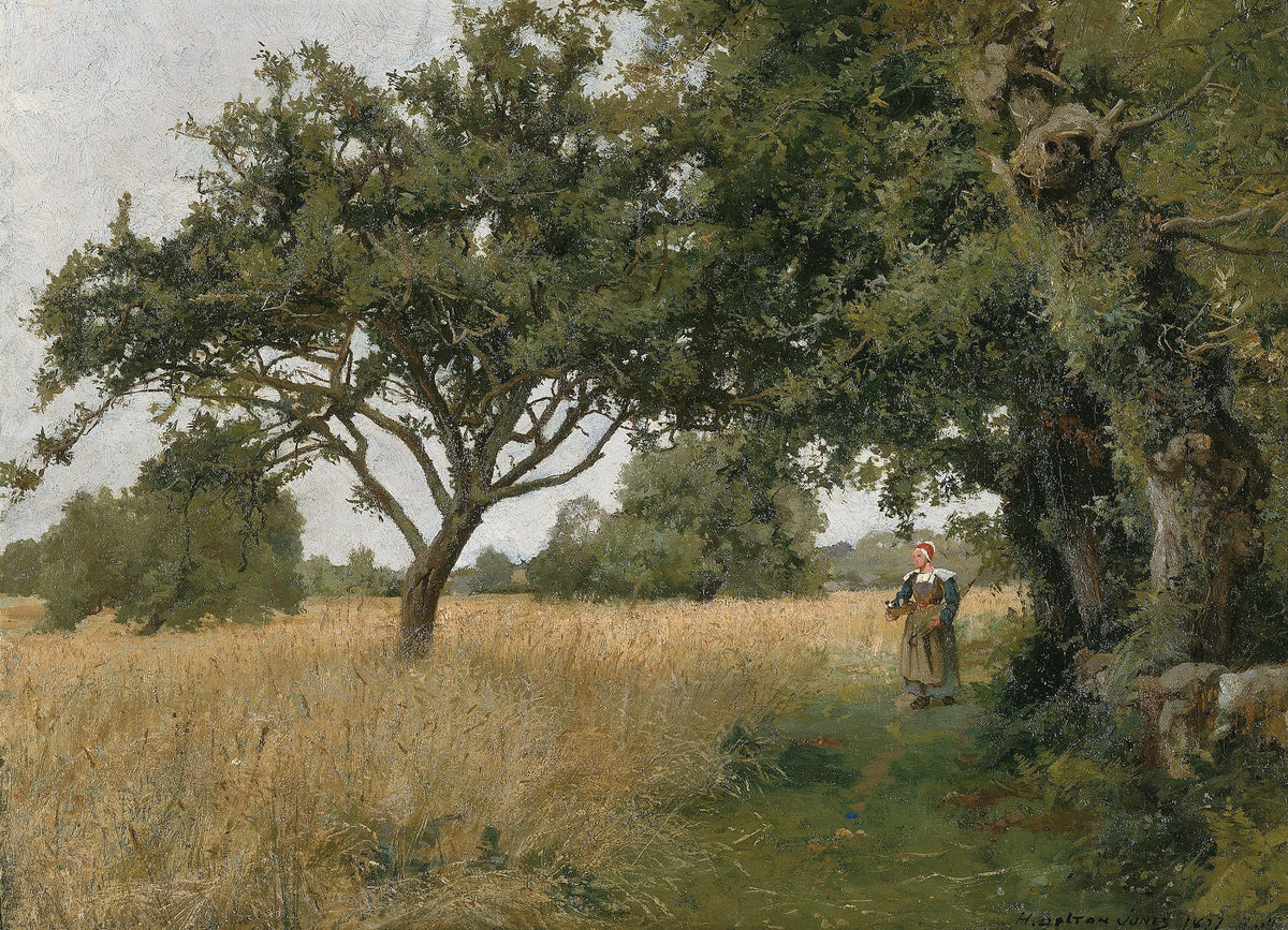 Hand-painted sunlit oak meadow with woman on path landscape oil painting on canvas
