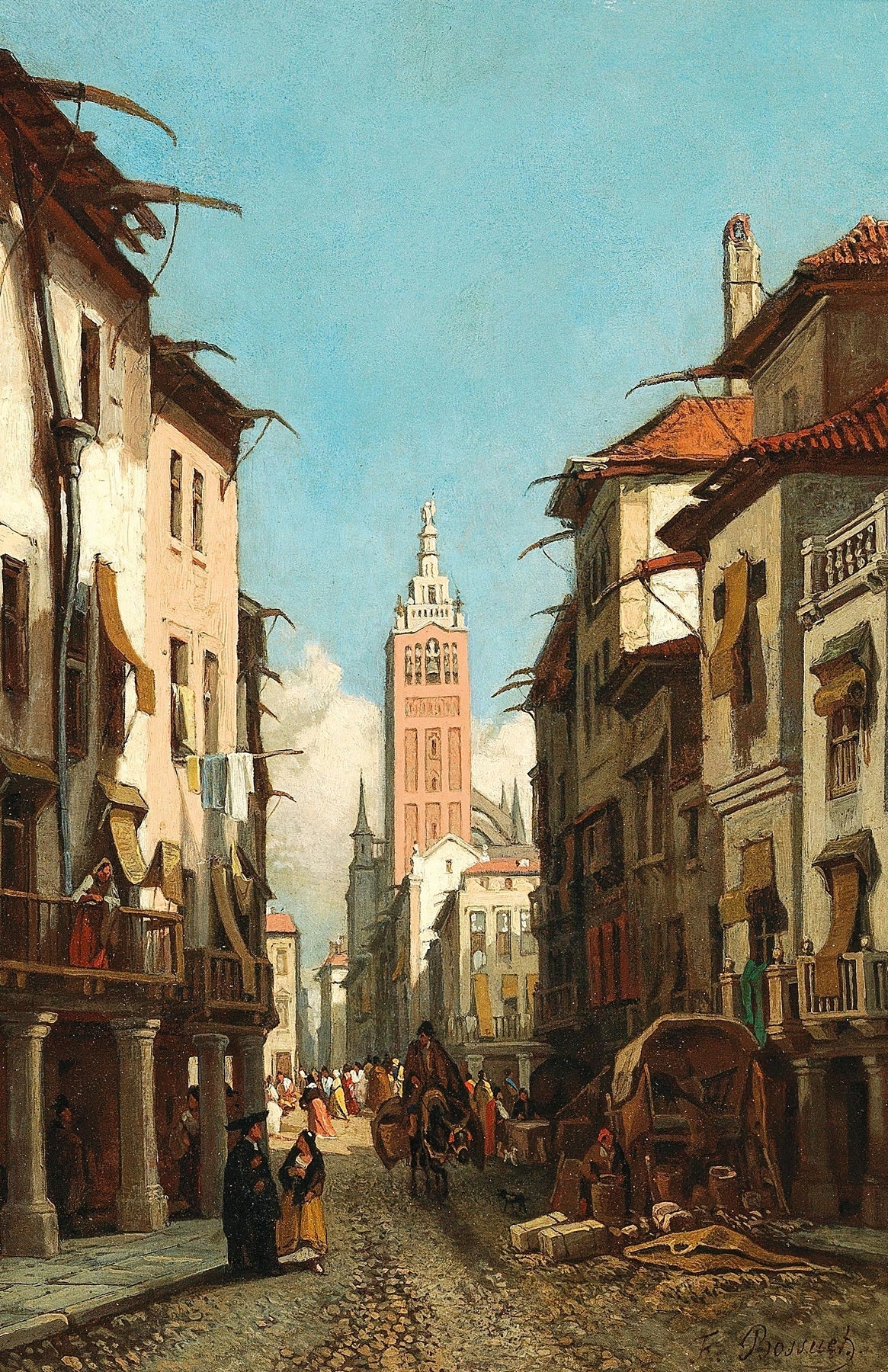 Hand-painted sunlit old street with bell tower landscape oil painting on canvas
