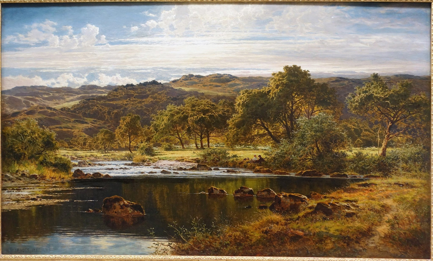 Hand-painted sunlit river and highland meadow view landscape oil painting on canvas