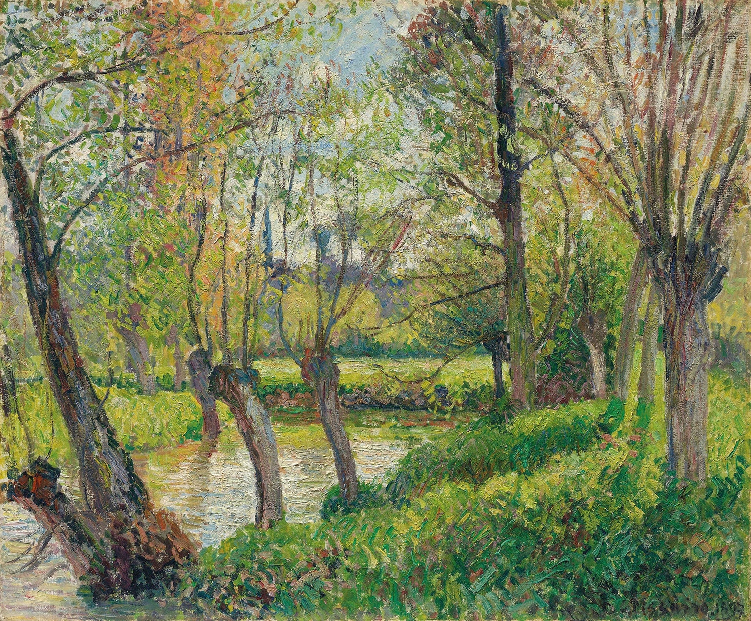 Hand-painted sunlit riverside grove in spring landscape oil painting on canvas