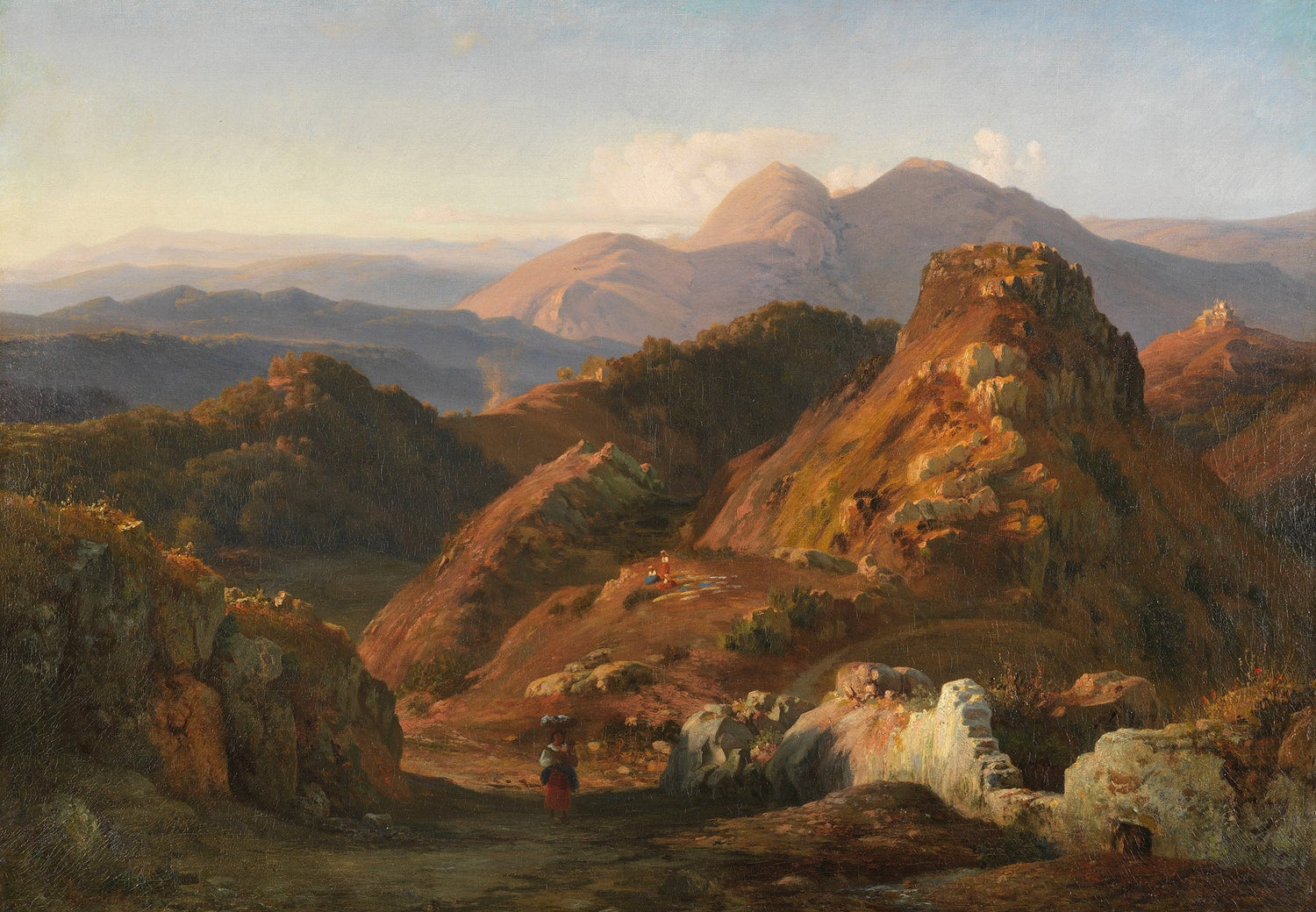 Hand-painted sunlit rocky hills and distant mountains landscape oil painting on canvas