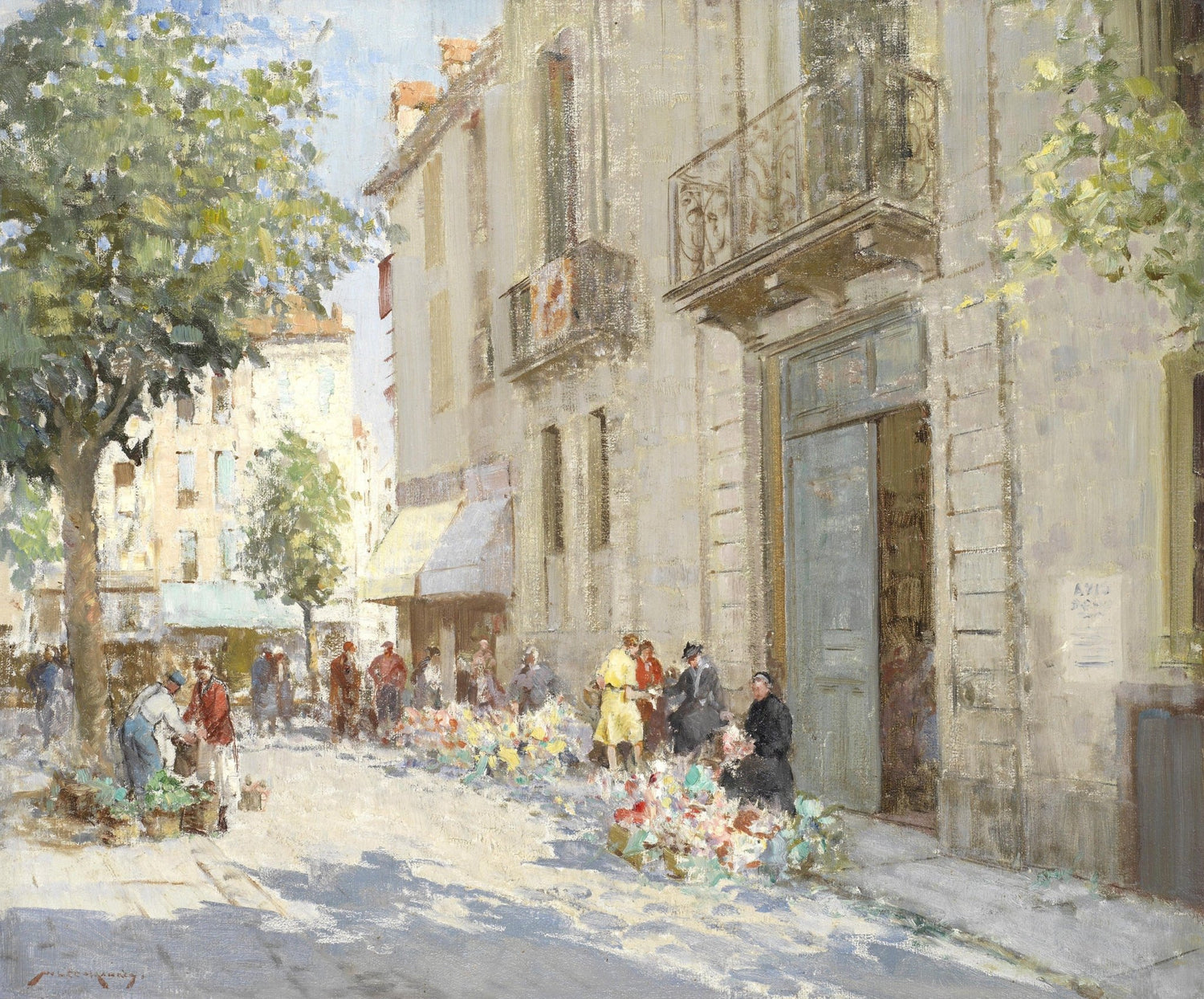 Hand-painted sunlit street market with flower sellers landscape oil painting on canvas