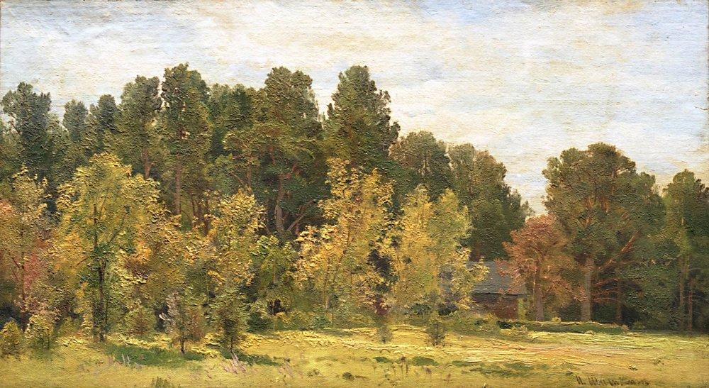 Hand-painted sunlit woodland meadow with cottage landscape oil painting on canvas