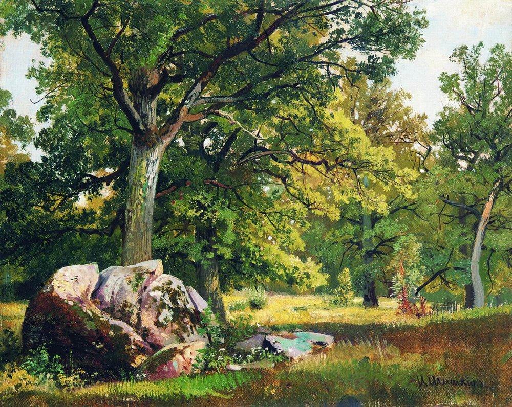 Hand-painted sunlit woodland trees with boulder landscape oil painting on canvas