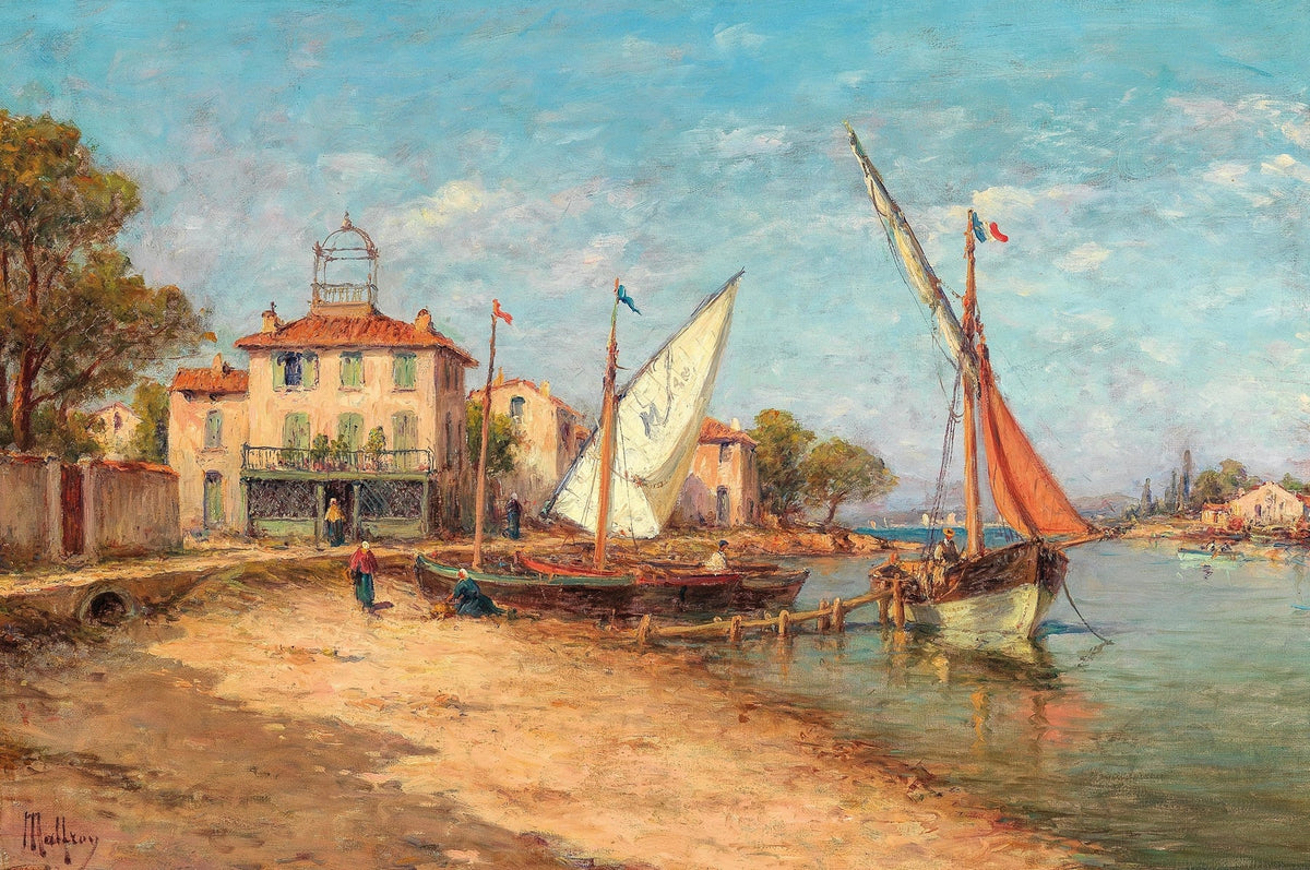 Hand-painted sunny coastal harbor with sailboats landscape oil painting on canvas