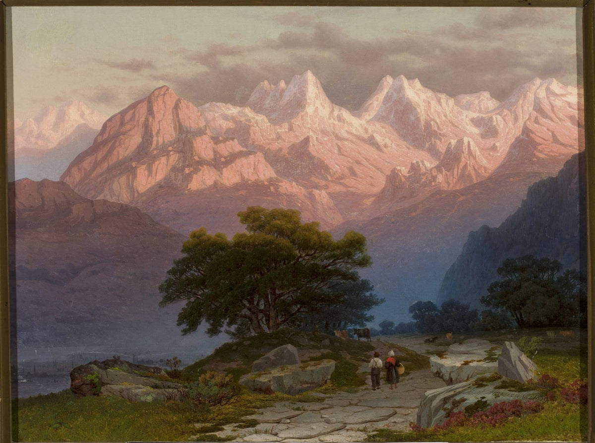 Hand-painted sunset alpine peaks and mountain path landscape oil painting on canvas