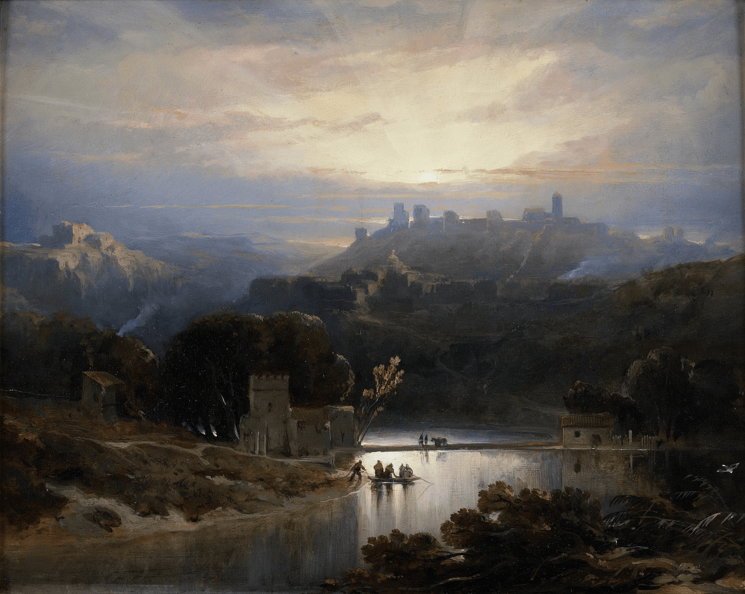 Hand-painted sunset castle and river town view landscape oil painting on canvas