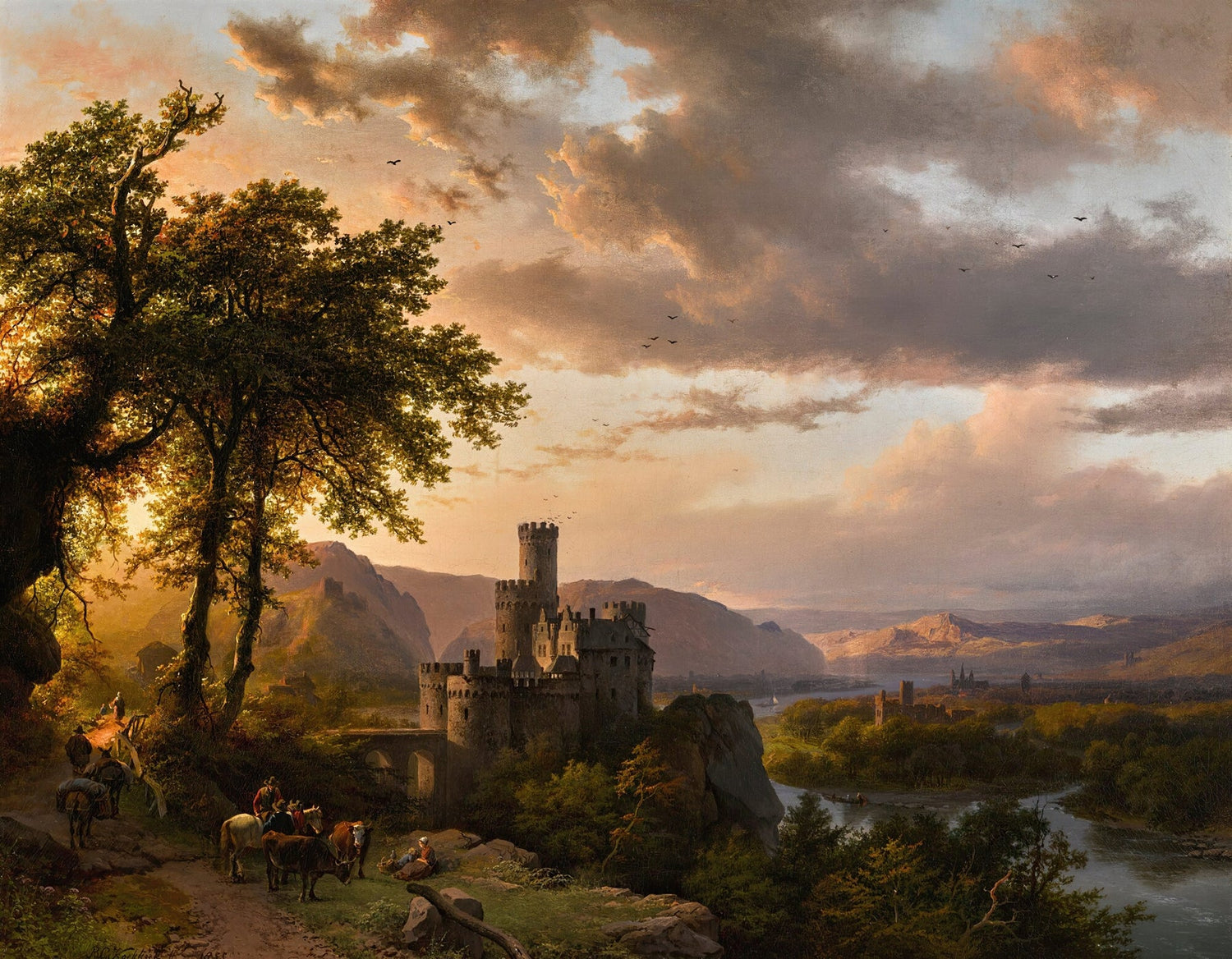 Hand-painted sunset castle in a mountain river valley landscape oil painting on canvas