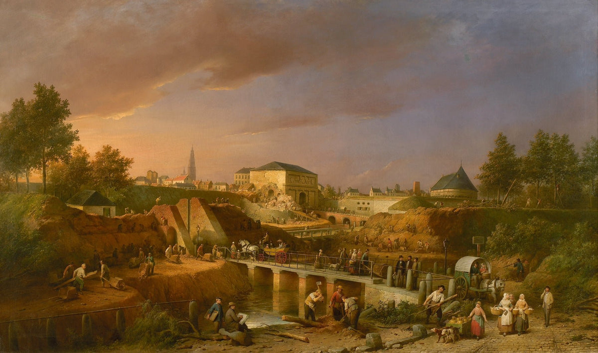 Hand-painted sunset city bridge and fortress view landscape oil painting on canvas