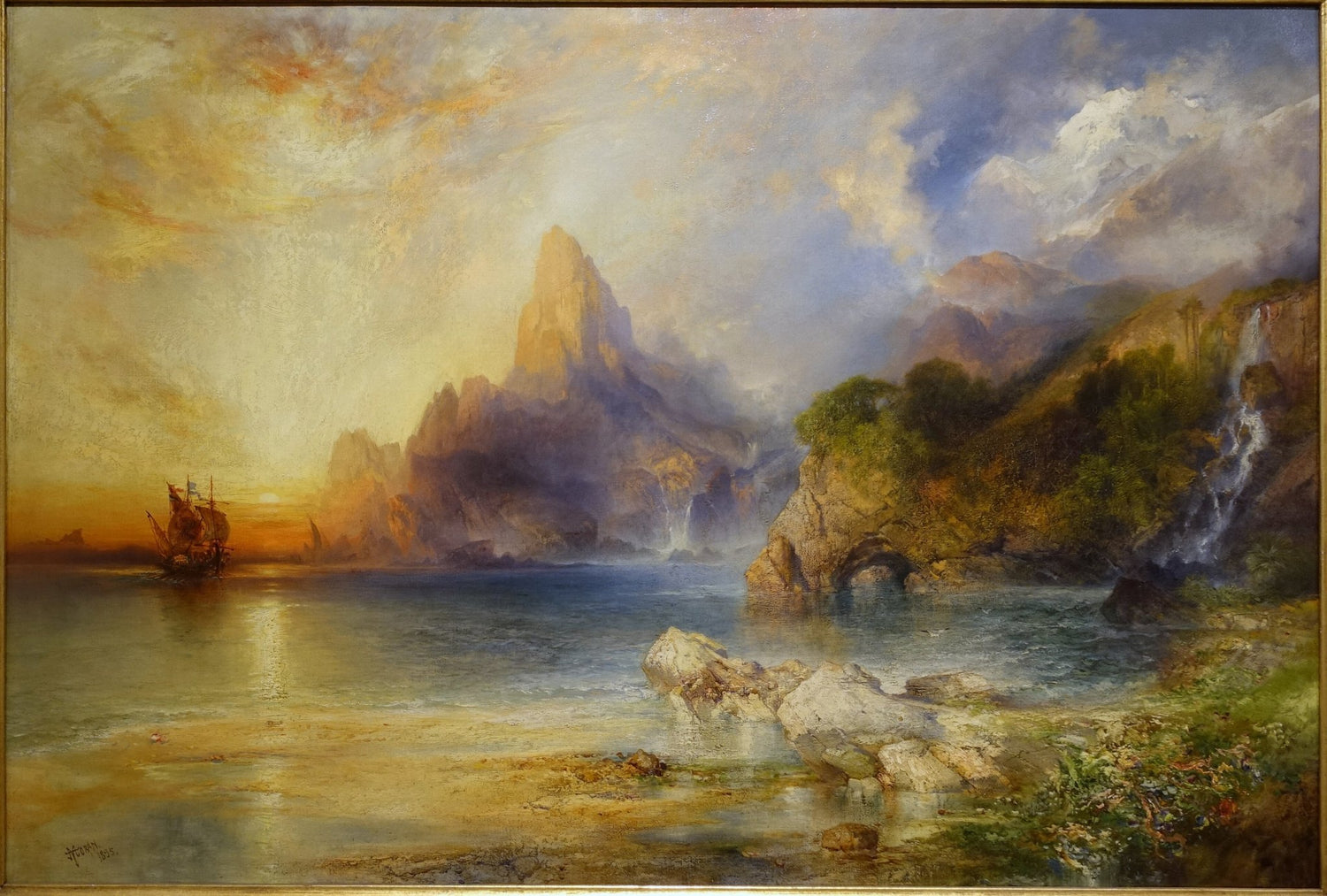 Hand-painted sunset coastal cliffs and sailing ship landscape oil painting on canvas