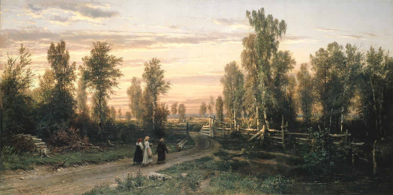 Hand-painted sunset country road with birch trees landscape oil painting on canvas
