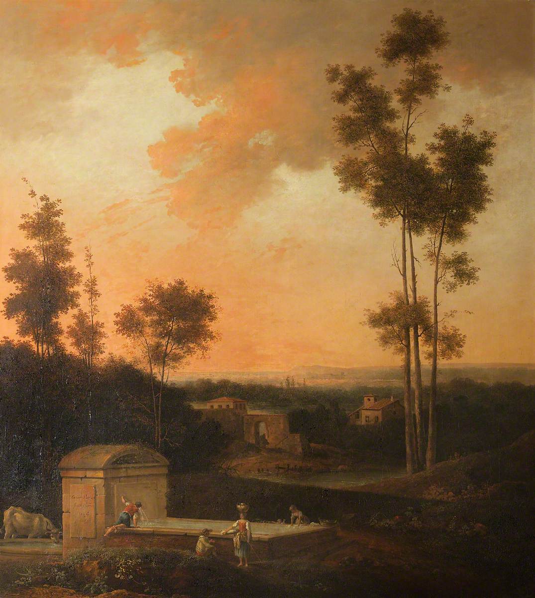 Hand-painted sunset courtyard with tall trees landscape oil painting on canvas