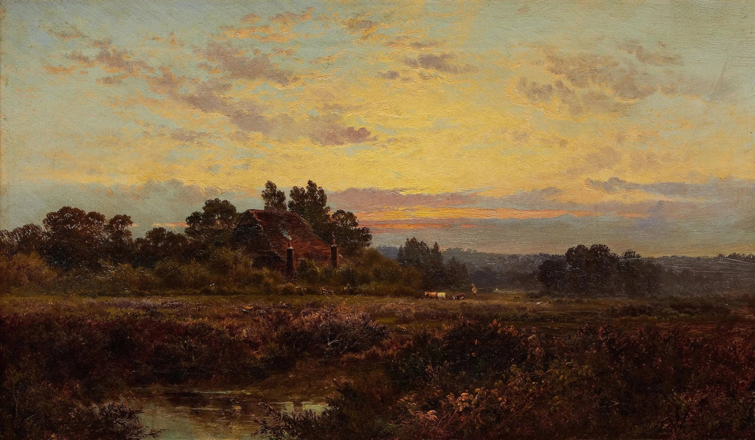 Hand painted landscape oil painting on canvas with textured brushwork depicting a sunset field, rustic house, cattle. - Add Frame, Animal, Canvas, Cottage, Country, Farm, Field, Forest, Hand Painted, Landscape, Made To Order, Oil Painting, River, Sunset