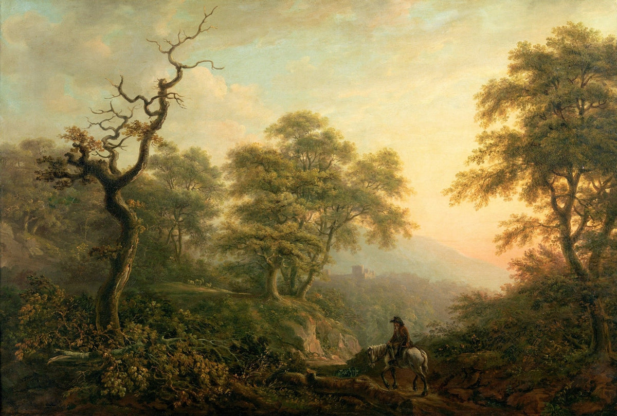 Hand painted landscape oil painting on canvas depicting a rider on a forest path at sunset with textured brushwork and. - Add Frame, Canvas, Figure, Forest, Hand Painted, Landscape, Made To Order, Oil Painting, Road, Sunset